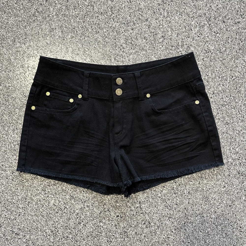 Refuge Jean Shorts Womens 8 Black Mid Rise Raw Hem Stretch Denim 2" Shortie